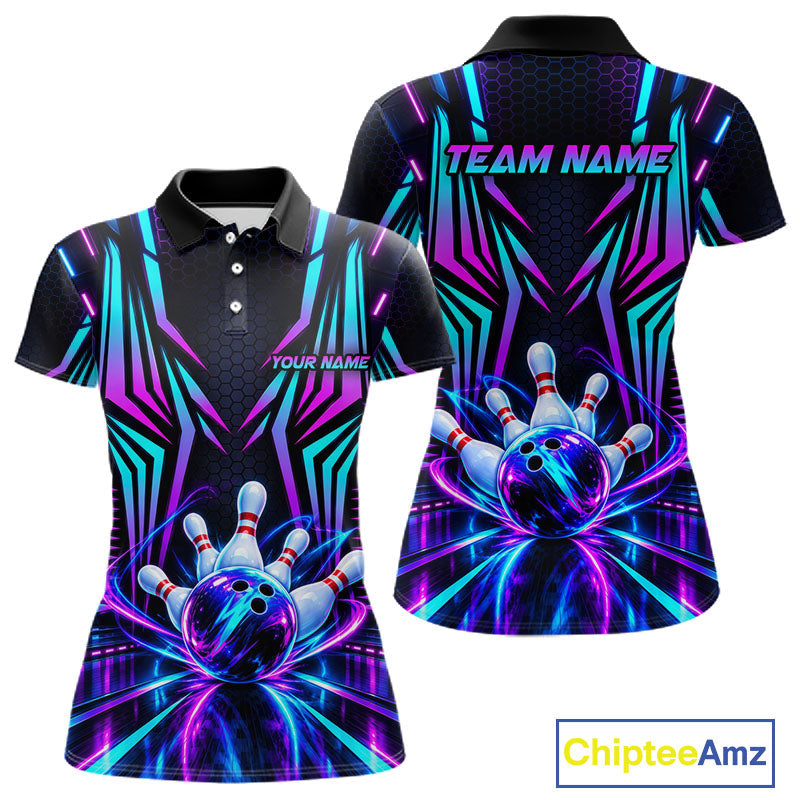 Personalized Neon Cyberpunk Bowling Shirt Blue & Pink Futuristic Bowling Team Apparel