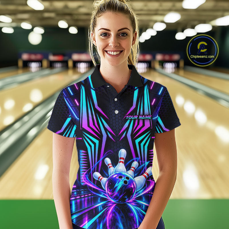 Personalized Neon Cyberpunk Bowling Shirt Blue & Pink Futuristic Bowling Team Apparel