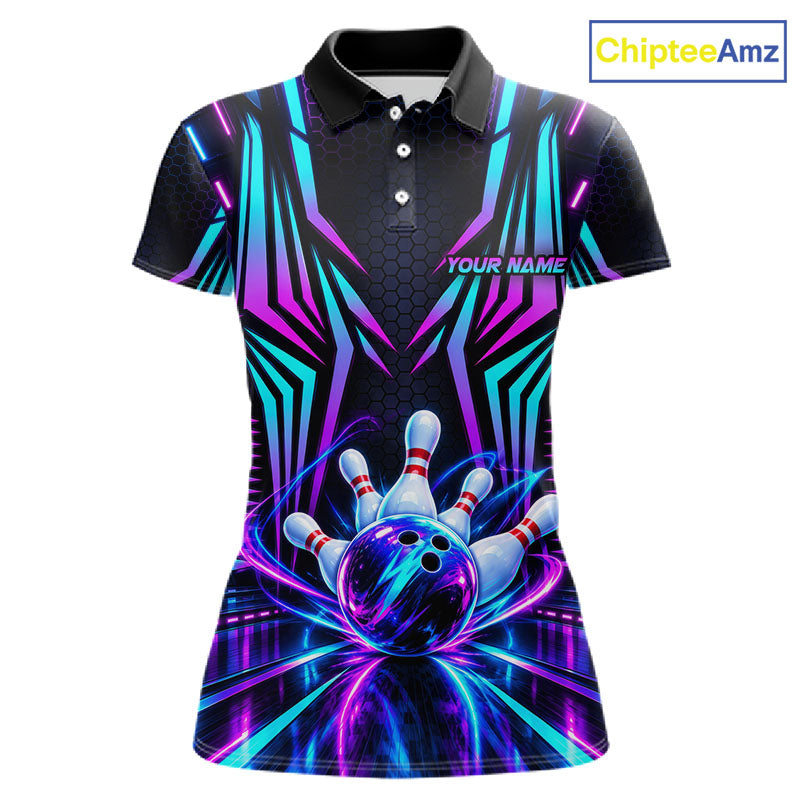 Personalized Neon Cyberpunk Bowling Shirt Blue & Pink Futuristic Bowling Team Apparel