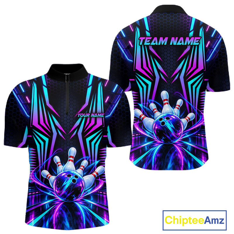 Personalized Neon Cyberpunk Bowling Shirt Blue & Pink Futuristic Bowling Team Apparel