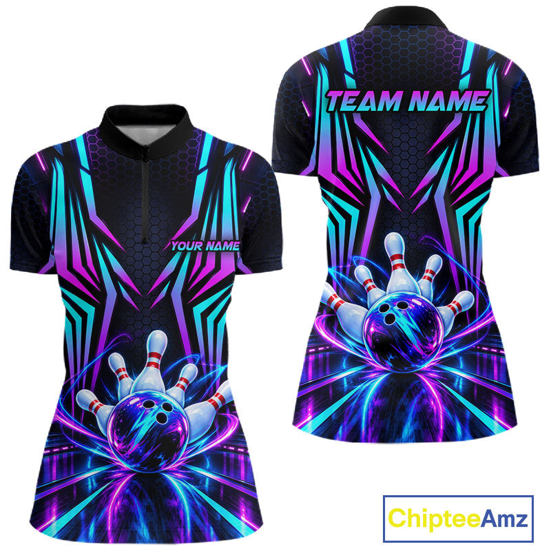 Personalized Neon Cyberpunk Bowling Shirt Blue & Pink Futuristic Bowling Team Apparel