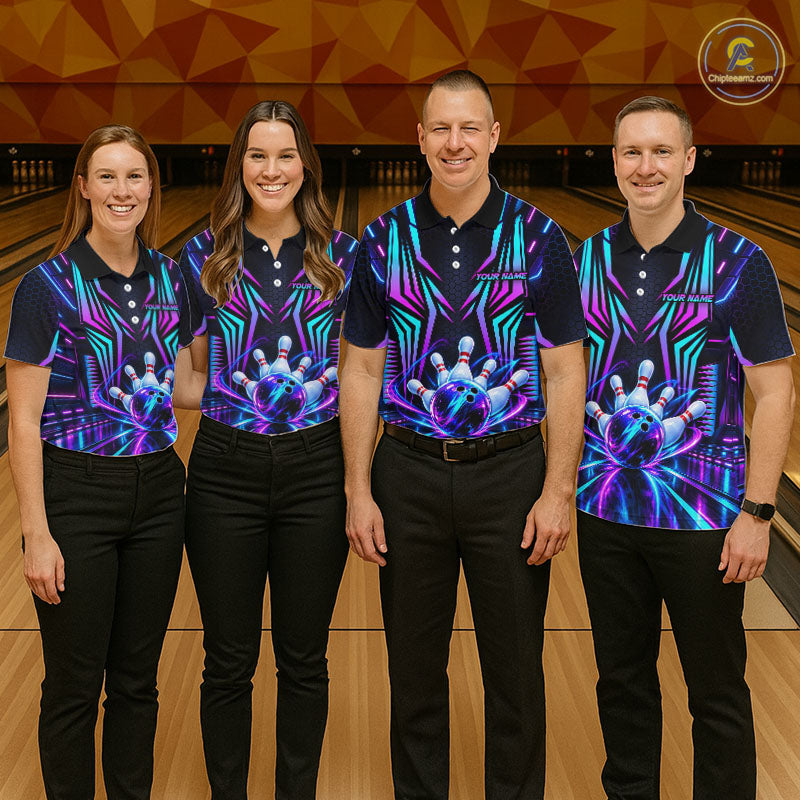 Personalized Neon Cyberpunk Bowling Shirt Blue & Pink Futuristic Bowling Team Apparel