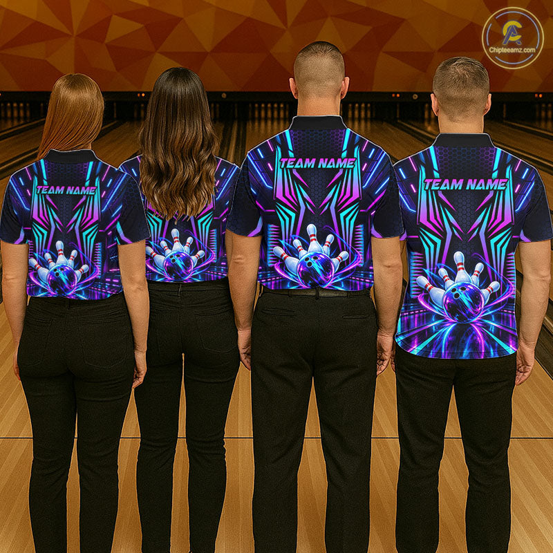 Personalized Neon Cyberpunk Bowling Shirt Blue & Pink Futuristic Bowling Team Apparel