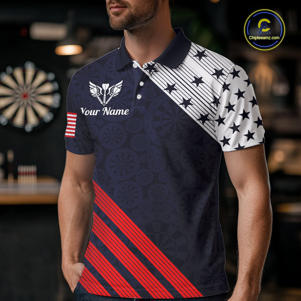 Custom Patriotic US Flag Stars Stripes Darts Polo 1/4-Zip Shirt Personalized Darts Team Shirt