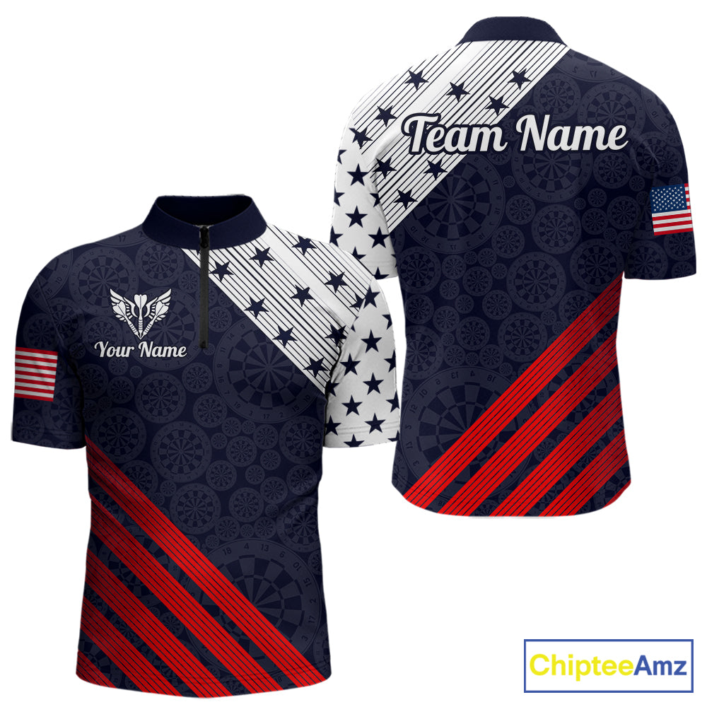 Custom Patriotic US Flag Stars Stripes Darts Polo 1/4-Zip Shirt Personalized Darts Team Shirt