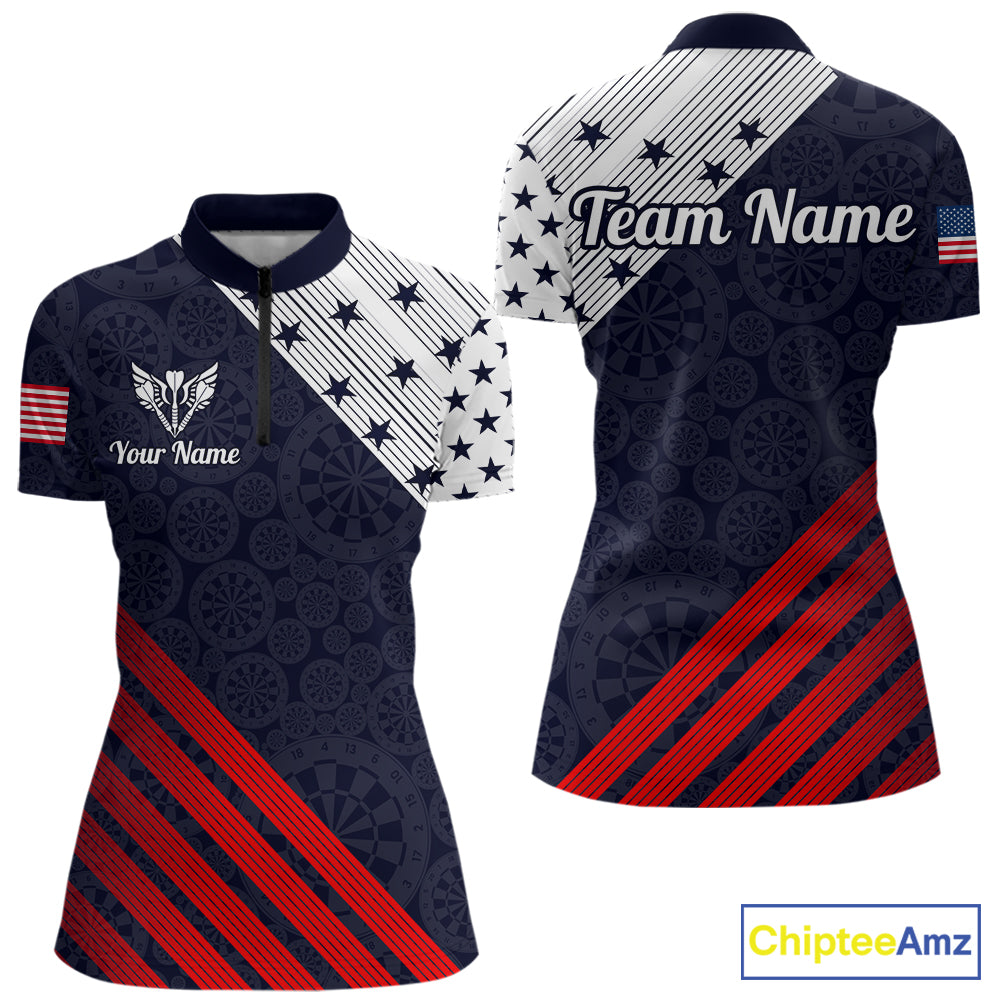 Custom Patriotic US Flag Stars Stripes Darts Polo 1/4-Zip Shirt Personalized Darts Team Shirt