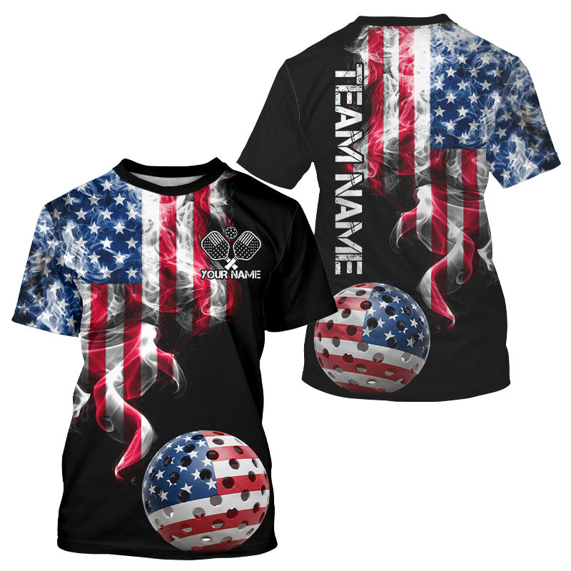 US Flag Smoking Pickleball Ball T-Shirt Custom Patriotic Pickleball Team Jerseys