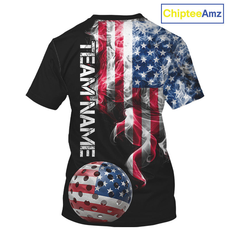 US Flag Smoking Pickleball Ball T-Shirt Custom Patriotic Pickleball Team Jerseys