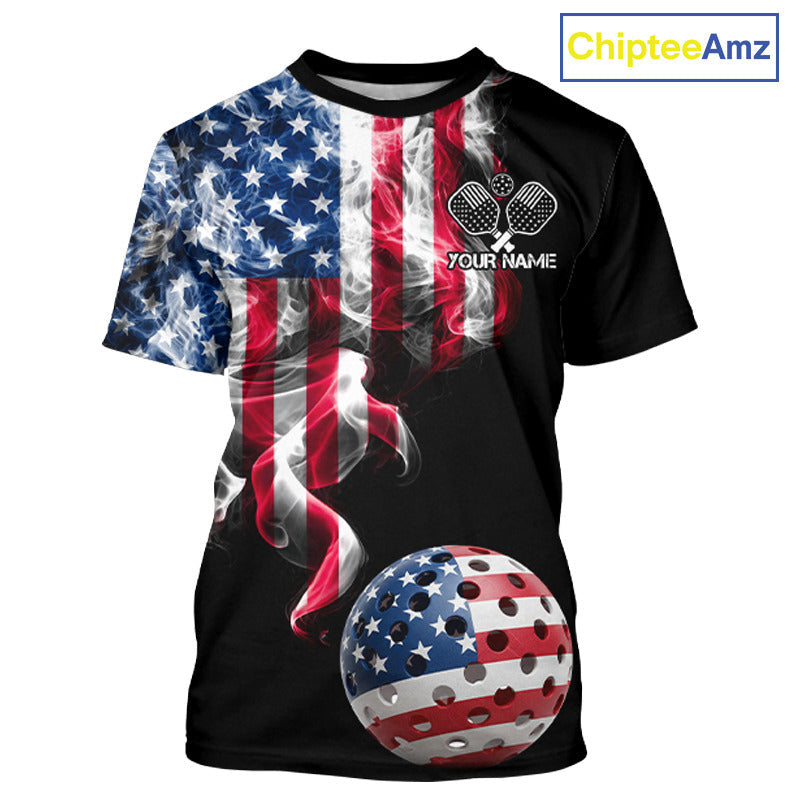 US Flag Smoking Pickleball Ball T-Shirt Custom Patriotic Pickleball Team Jerseys