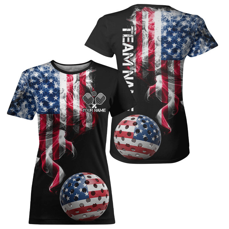 US Flag Smoking Pickleball Ball T-Shirt Custom Patriotic Pickleball Team Jerseys