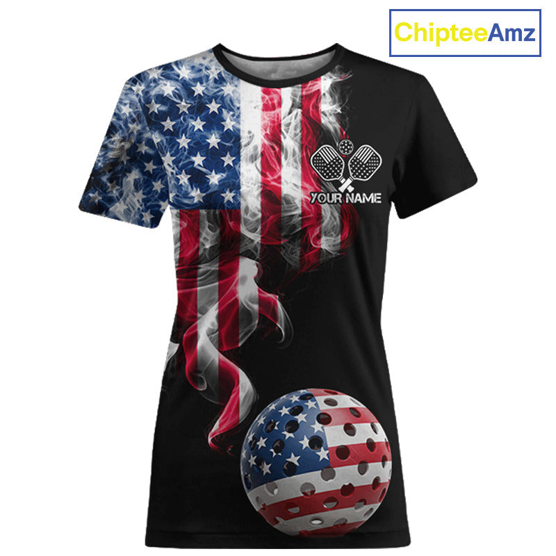 US Flag Smoking Pickleball Ball T-Shirt Custom Patriotic Pickleball Team Jerseys