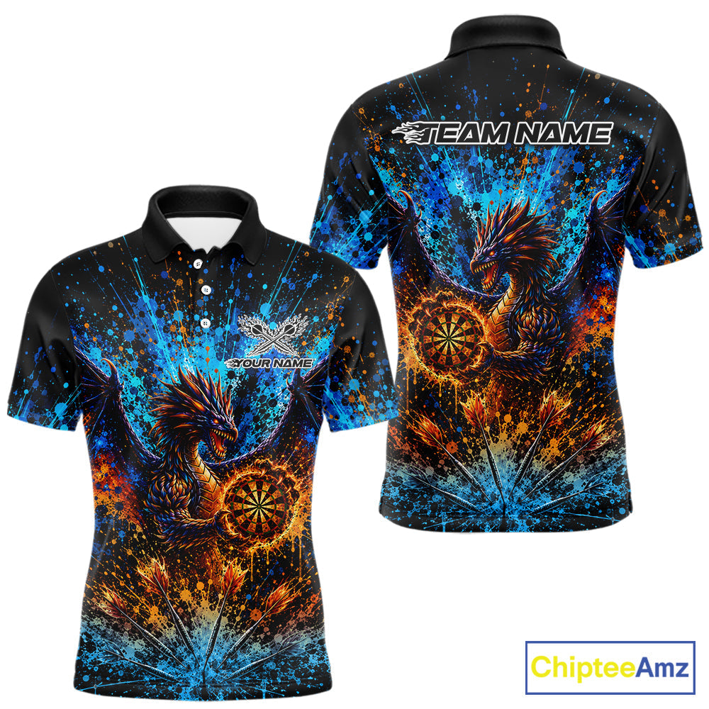 Blue And Orange Splatter Dragon Darts Polo Quarter-Zip Shirts Custom Darts Team Jersey