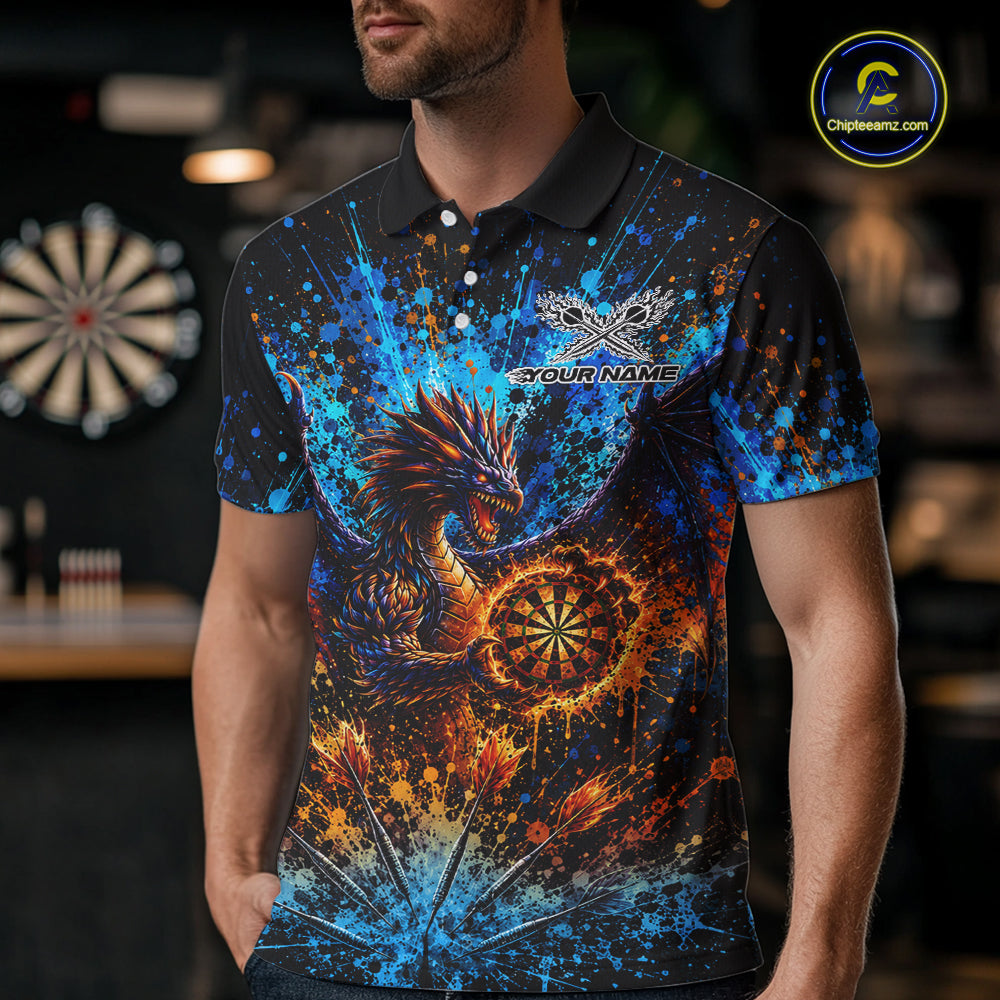 Blue And Orange Splatter Dragon Darts Polo Quarter-Zip Shirts Custom Darts Team Jersey