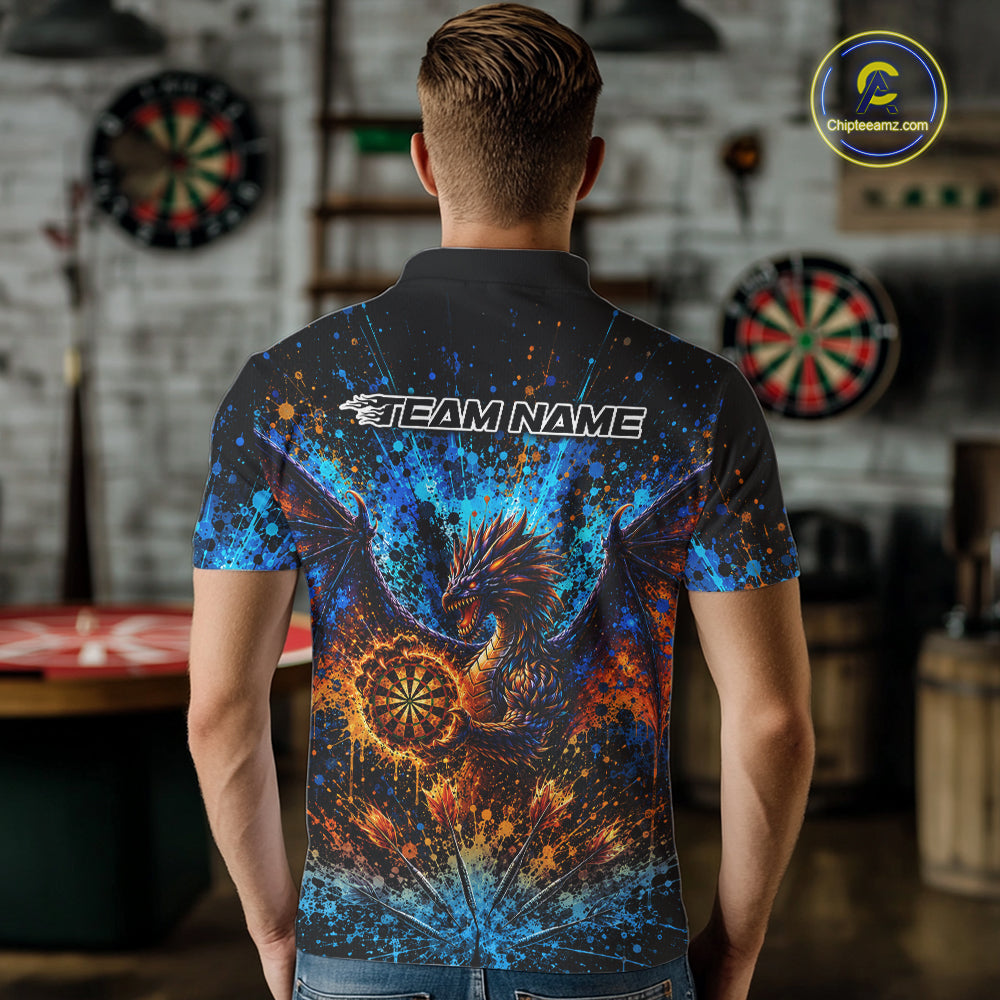 Blue And Orange Splatter Dragon Darts Polo Quarter-Zip Shirts Custom Darts Team Jersey