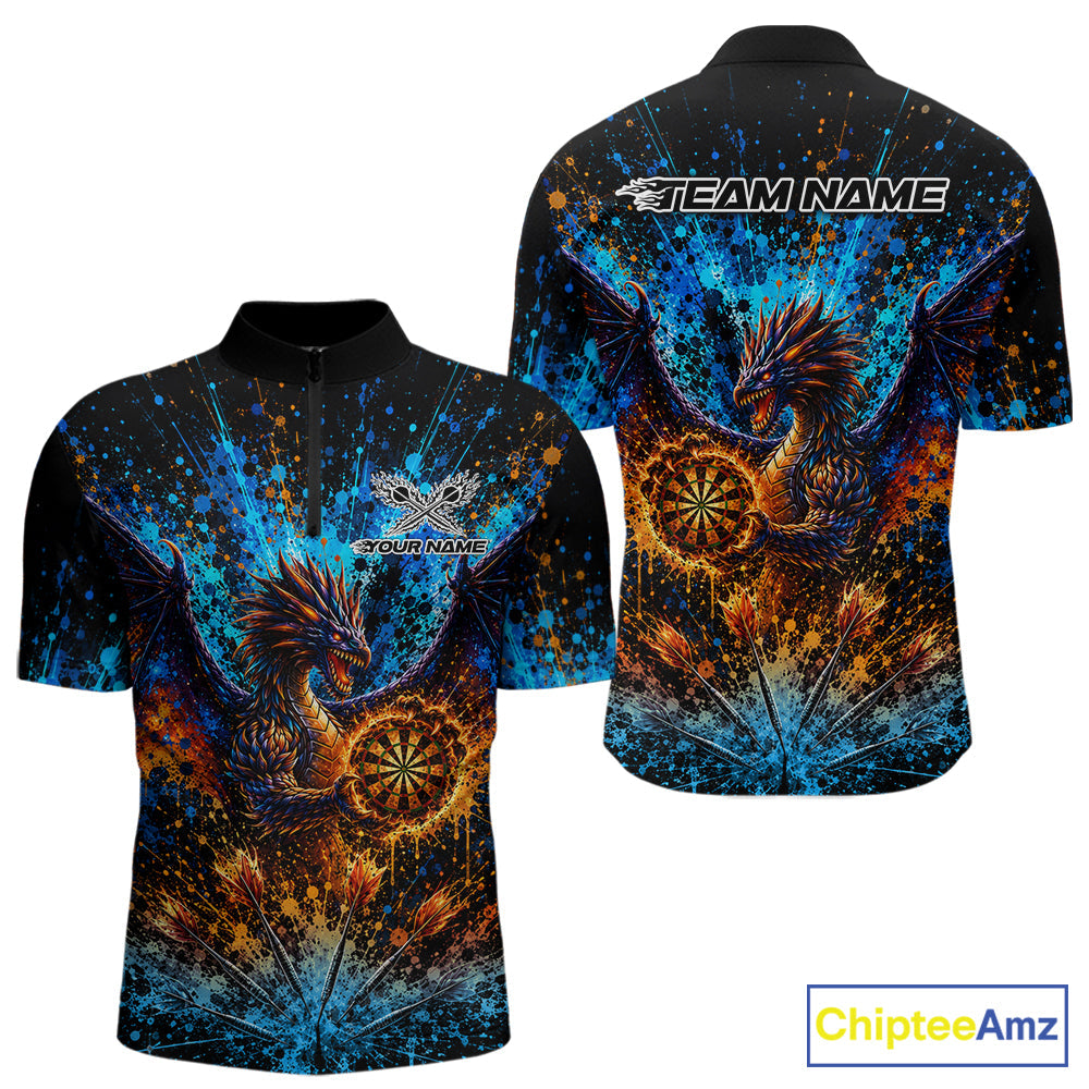 Blue And Orange Splatter Dragon Darts Polo Quarter-Zip Shirts Custom Darts Team Jersey