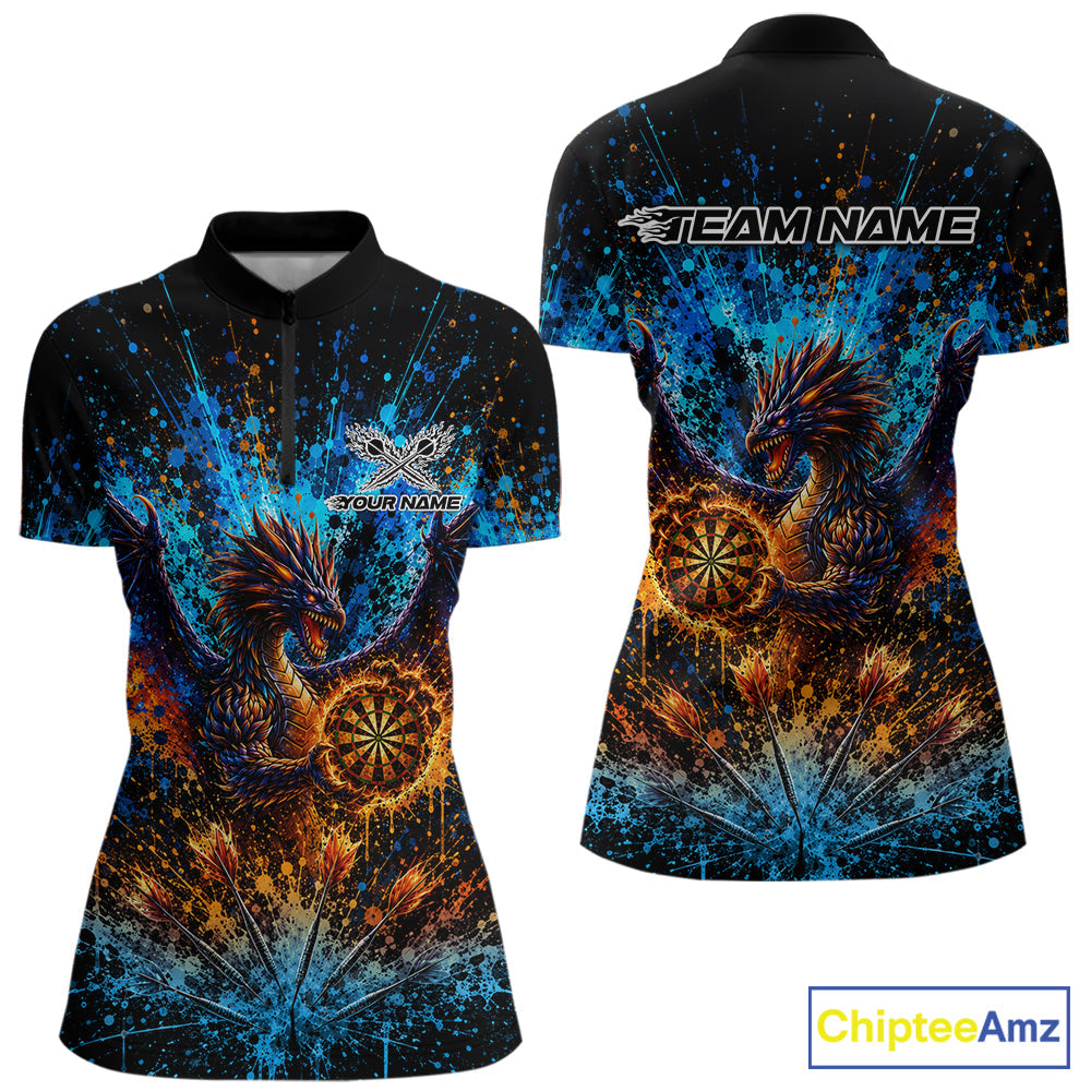 Blue And Orange Splatter Dragon Darts Polo Quarter-Zip Shirts Custom Darts Team Jersey