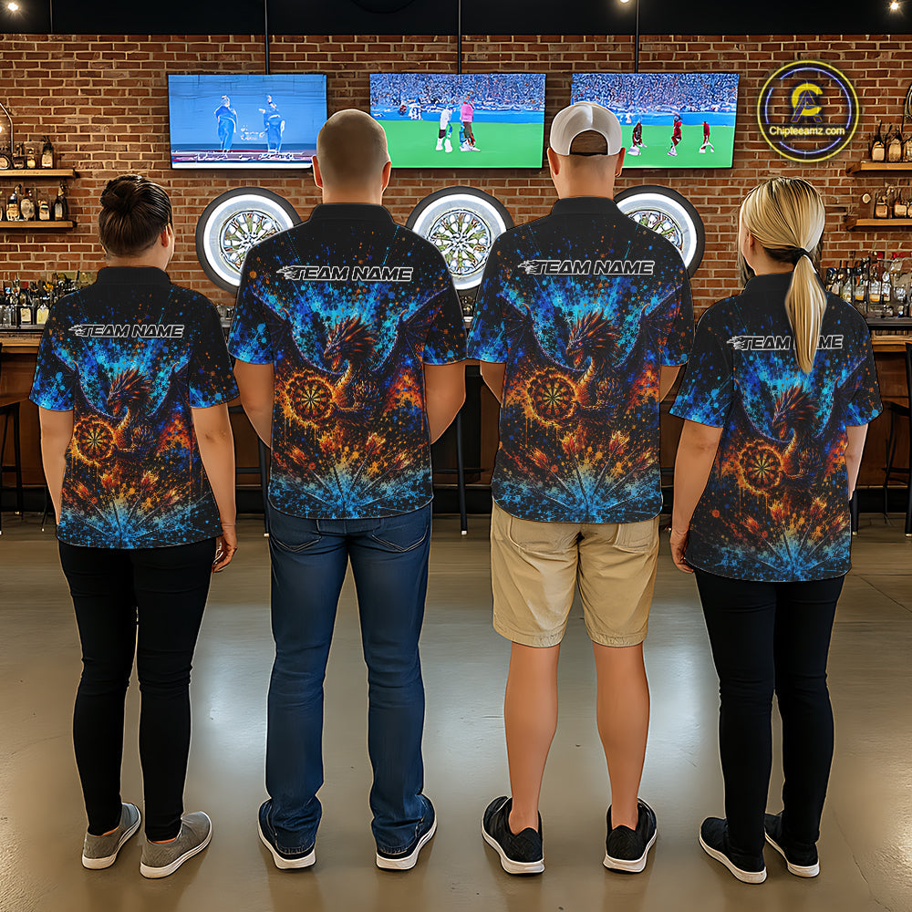 Blue And Orange Splatter Dragon Darts Polo Quarter-Zip Shirts Custom Darts Team Jersey