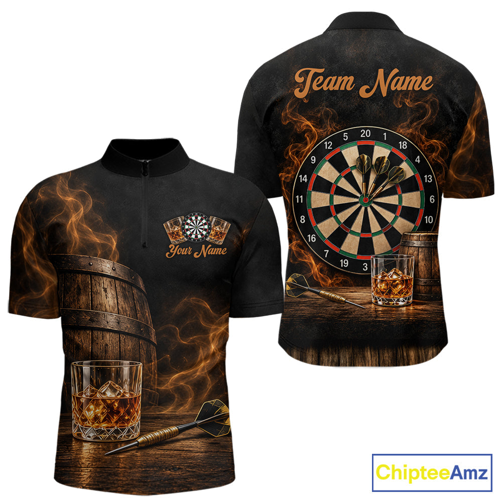 Vintage Whiskey Darts Polo 1/4-Zip Shirt Smoke Bourbon Whiskey Glass Retro Darts Team Jersey