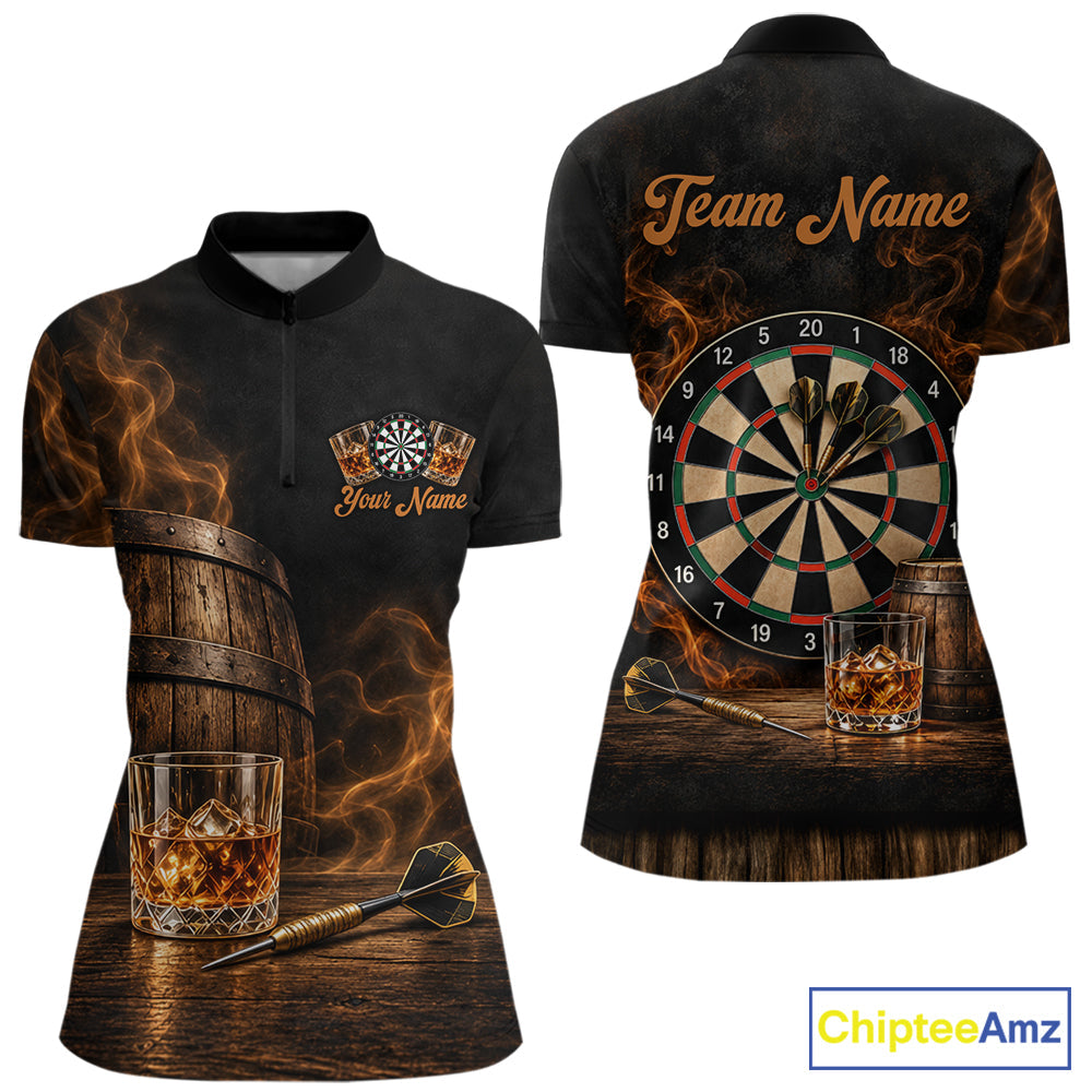 Vintage Whiskey Darts Polo 1/4-Zip Shirt Smoke Bourbon Whiskey Glass Retro Darts Team Jersey