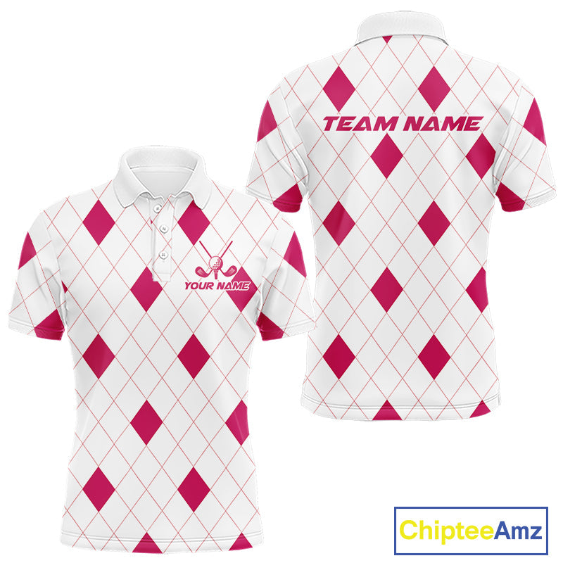Pink Argyle Golf Polo Shirt Custom Name Personalized Plaid Argyle Golf Shirt For Golfer