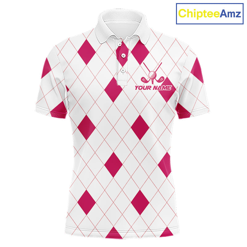 Pink Argyle Golf Polo Shirt Custom Name Personalized Plaid Argyle Golf Shirt For Golfer