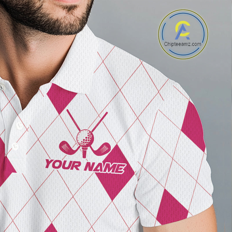 Pink Argyle Golf Polo Shirt Custom Name Personalized Plaid Argyle Golf Shirt For Golfer