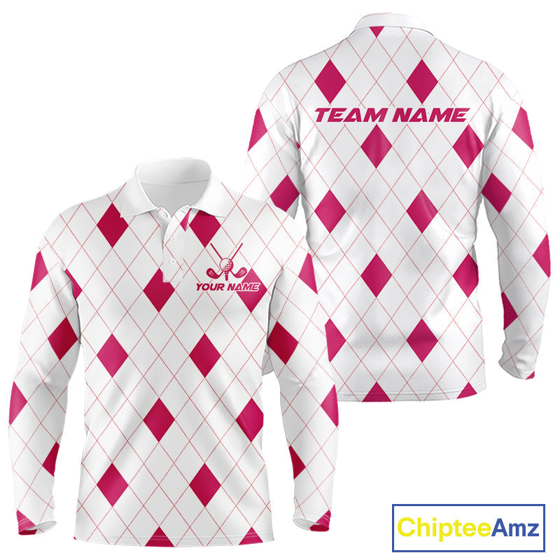 Pink Argyle Golf Polo Shirt Custom Name Personalized Plaid Argyle Golf Shirt For Golfer