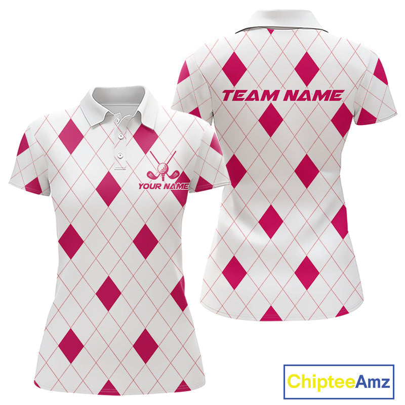 Pink Argyle Golf Polo Shirt Custom Name Personalized Plaid Argyle Golf Shirt For Golfer