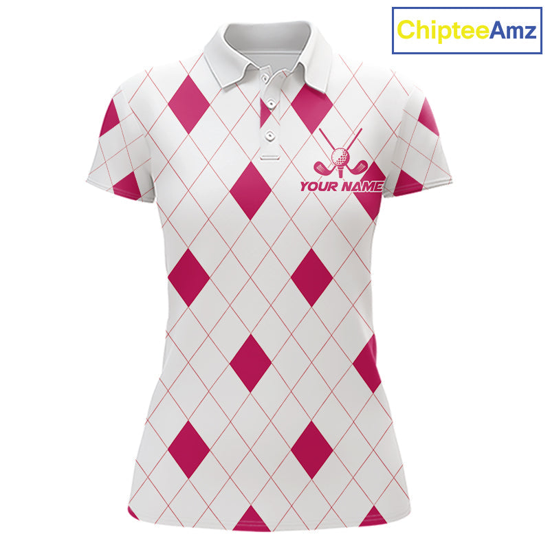 Pink Argyle Golf Polo Shirt Custom Name Personalized Plaid Argyle Golf Shirt For Golfer