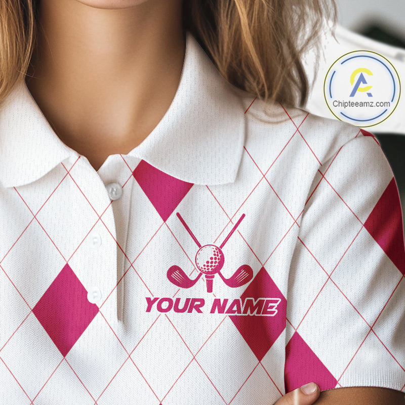 Pink Argyle Golf Polo Shirt Custom Name Personalized Plaid Argyle Golf Shirt For Golfer