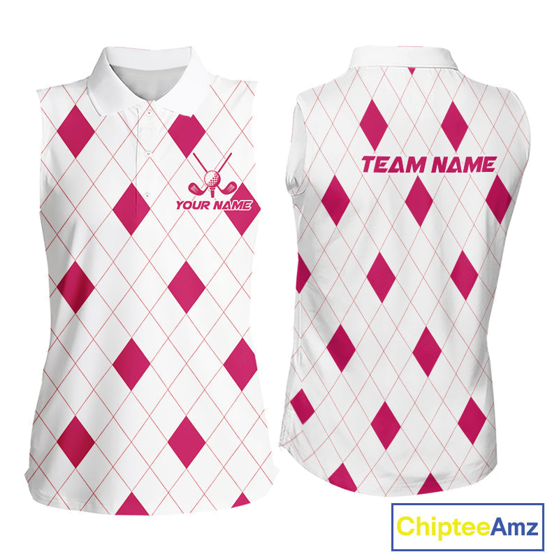 Pink Argyle Golf Sleeveless Polo Shirt Custom Name Personalized Plaid Argyle Golf Shirt For Golfer