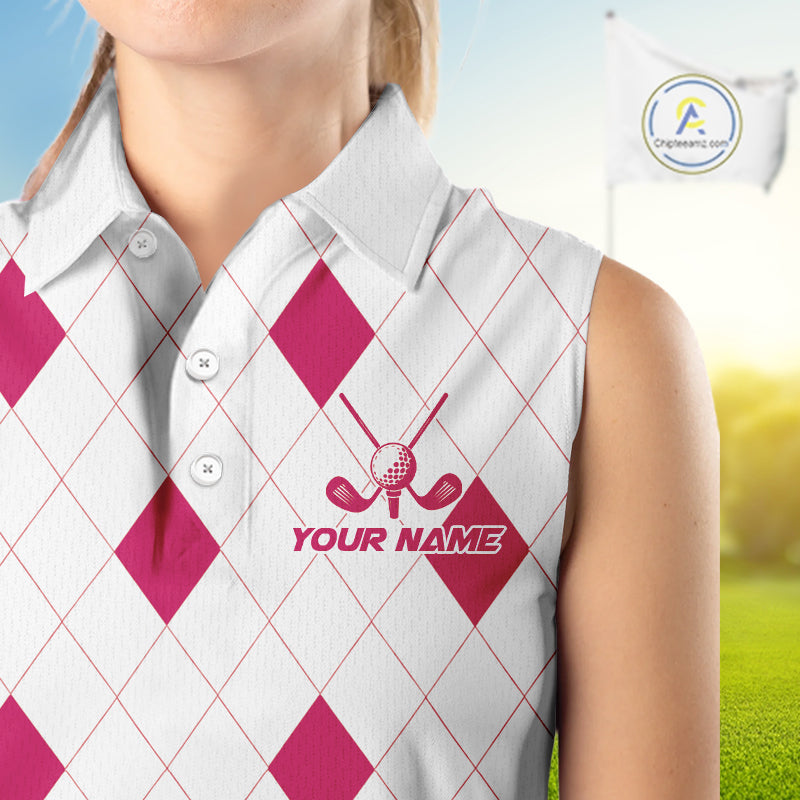 Pink Argyle Golf Sleeveless Polo Shirt Custom Name Personalized Plaid Argyle Golf Shirt For Golfer
