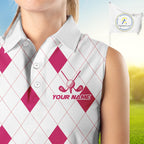 Pink Argyle Golf Sleeveless Polo Shirt Custom Name Personalized Plaid Argyle Golf Shirt For Golfer