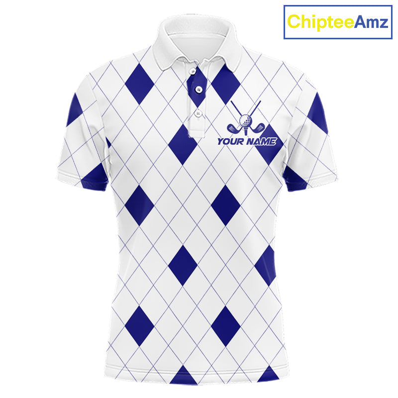 Navy Argyle Golf Polo Shirt Custom Name Personalized Plaid Argyle Golf Shirt For Golfer