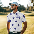 Navy Argyle Golf Polo Shirt Custom Name Personalized Plaid Argyle Golf Shirt For Golfer