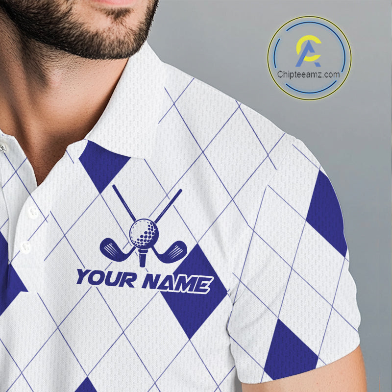 Navy Argyle Golf Polo Shirt Custom Name Personalized Plaid Argyle Golf Shirt For Golfer