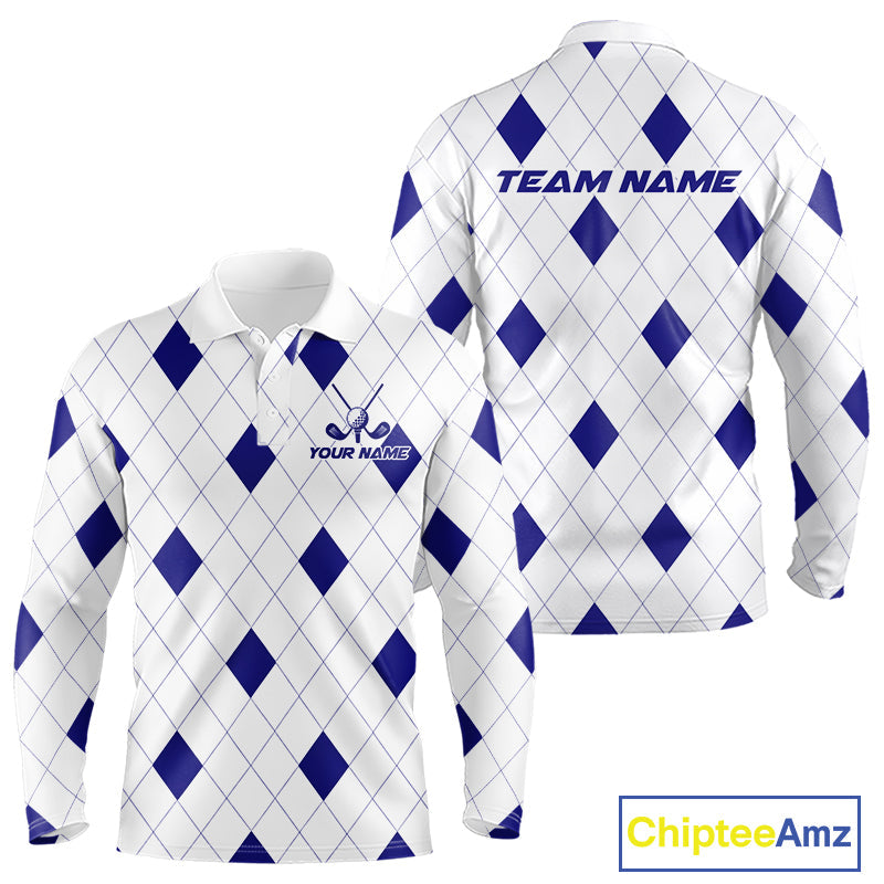Navy Argyle Golf Polo Shirt Custom Name Personalized Plaid Argyle Golf Shirt For Golfer