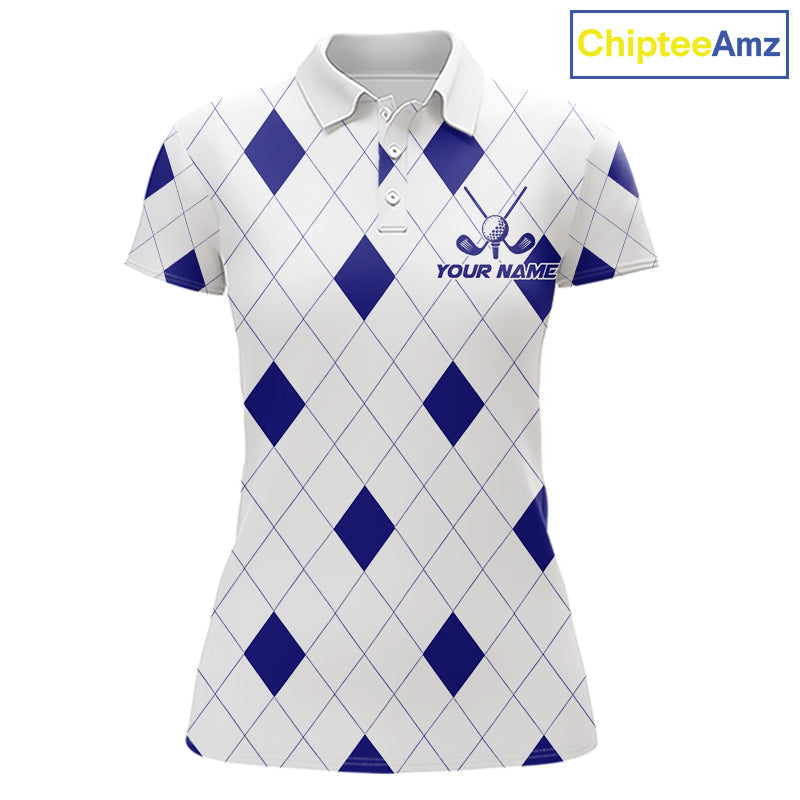 Navy Argyle Golf Polo Shirt Custom Name Personalized Plaid Argyle Golf Shirt For Golfer