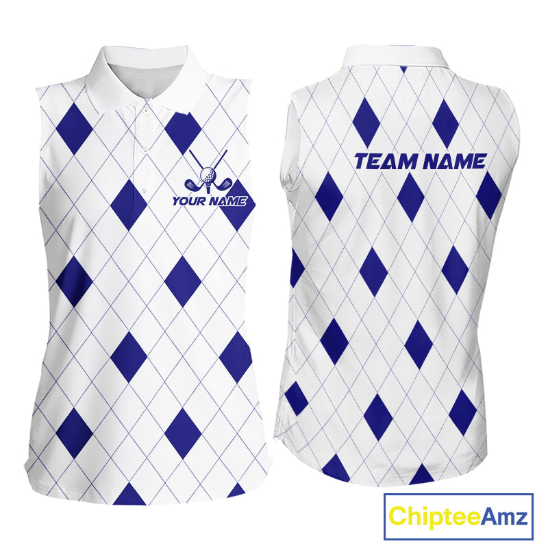 Navy Argyle Golf Sleeveless Polo Shirt Custom Name Personalized Plaid Argyle Golf Shirt For Golfer