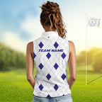 Navy Argyle Golf Sleeveless Polo Shirt Custom Name Personalized Plaid Argyle Golf Shirt For Golfer