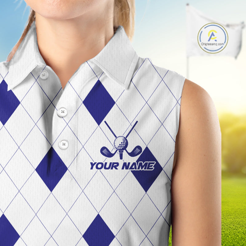 Navy Argyle Golf Sleeveless Polo Shirt Custom Name Personalized Plaid Argyle Golf Shirt For Golfer