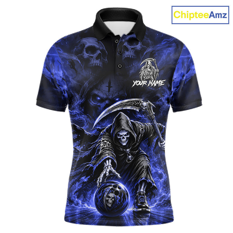 Black And Blue Flame Grim Reaper Custom Skull Bowling Shirt Team Outfit For Bowlers