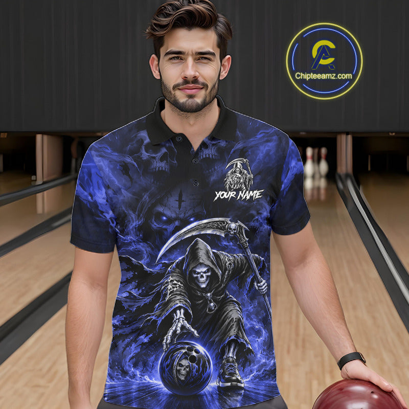 Black And Blue Flame Grim Reaper Custom Skull Bowling Shirt Team Outfit For Bowlers