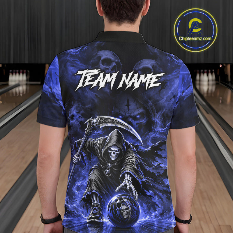 Black And Blue Flame Grim Reaper Custom Skull Bowling Shirt Team Outfit For Bowlers