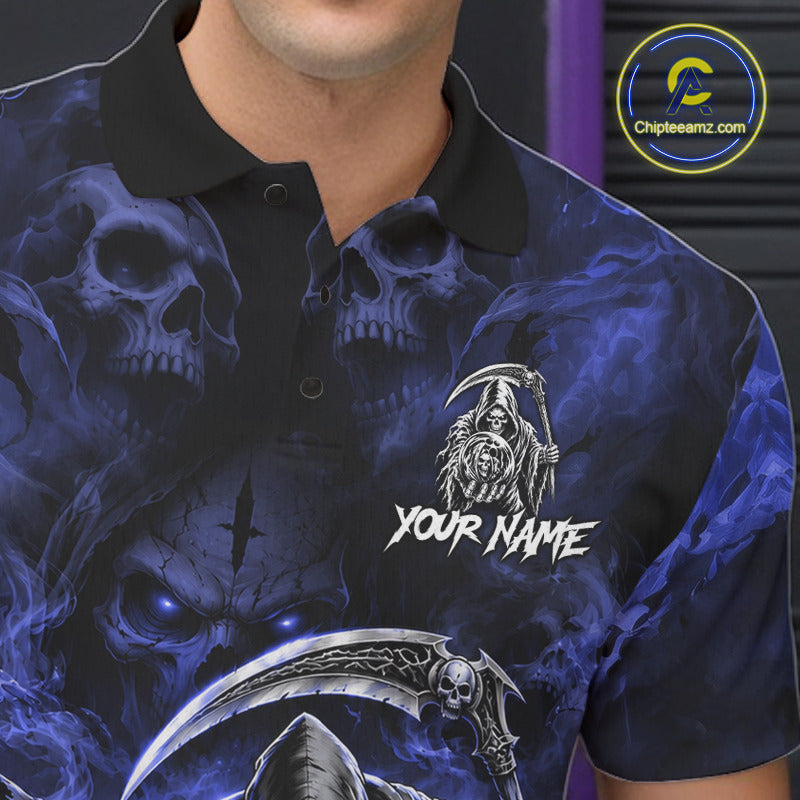 Black And Blue Flame Grim Reaper Custom Skull Bowling Shirt Team Outfit For Bowlers