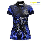 Black And Blue Flame Grim Reaper Custom Skull Bowling Shirt Team Outfit For Bowlers
