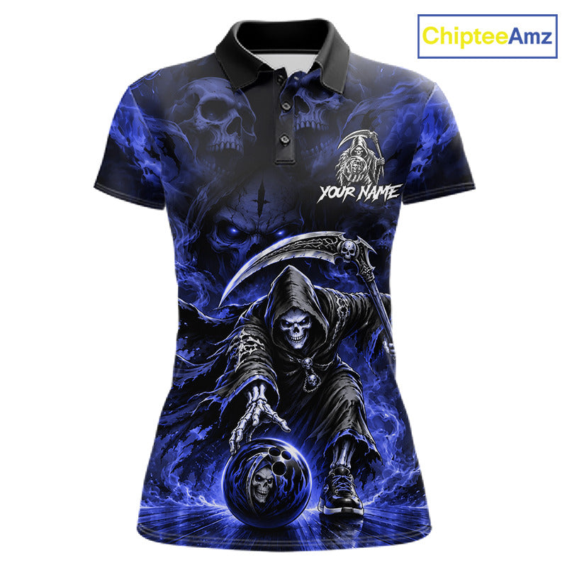 Black And Blue Flame Grim Reaper Custom Skull Bowling Shirt Team Outfit For Bowlers