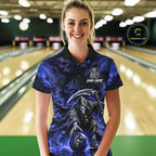 Black And Blue Flame Grim Reaper Custom Skull Bowling Shirt Team Outfit For Bowlers
