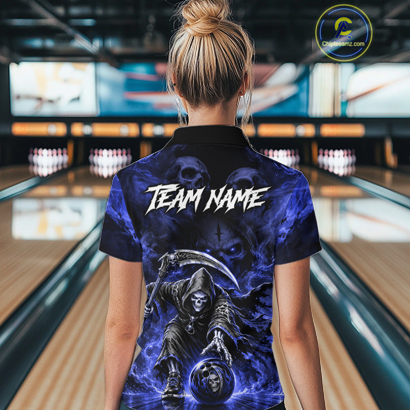 Black And Blue Flame Grim Reaper Custom Skull Bowling Shirt Team Outfit For Bowlers