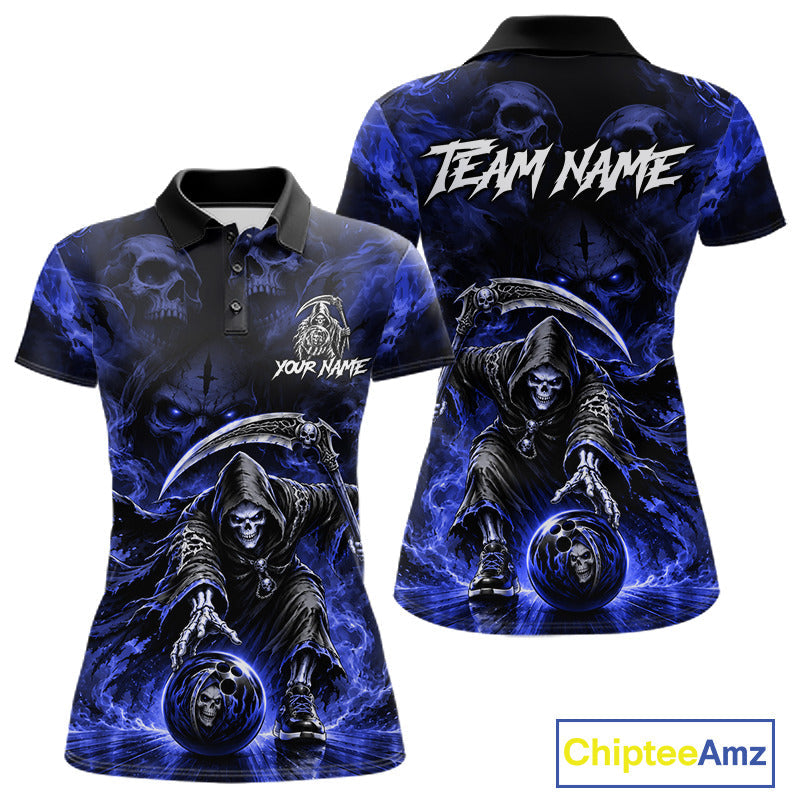 Black And Blue Flame Grim Reaper Custom Skull Bowling Shirt Team Outfit For Bowlers